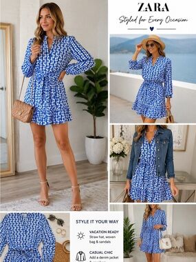 Zara Blue & White Geometric Print Mini Dress Size Large | Tie Waist V-Neck Long